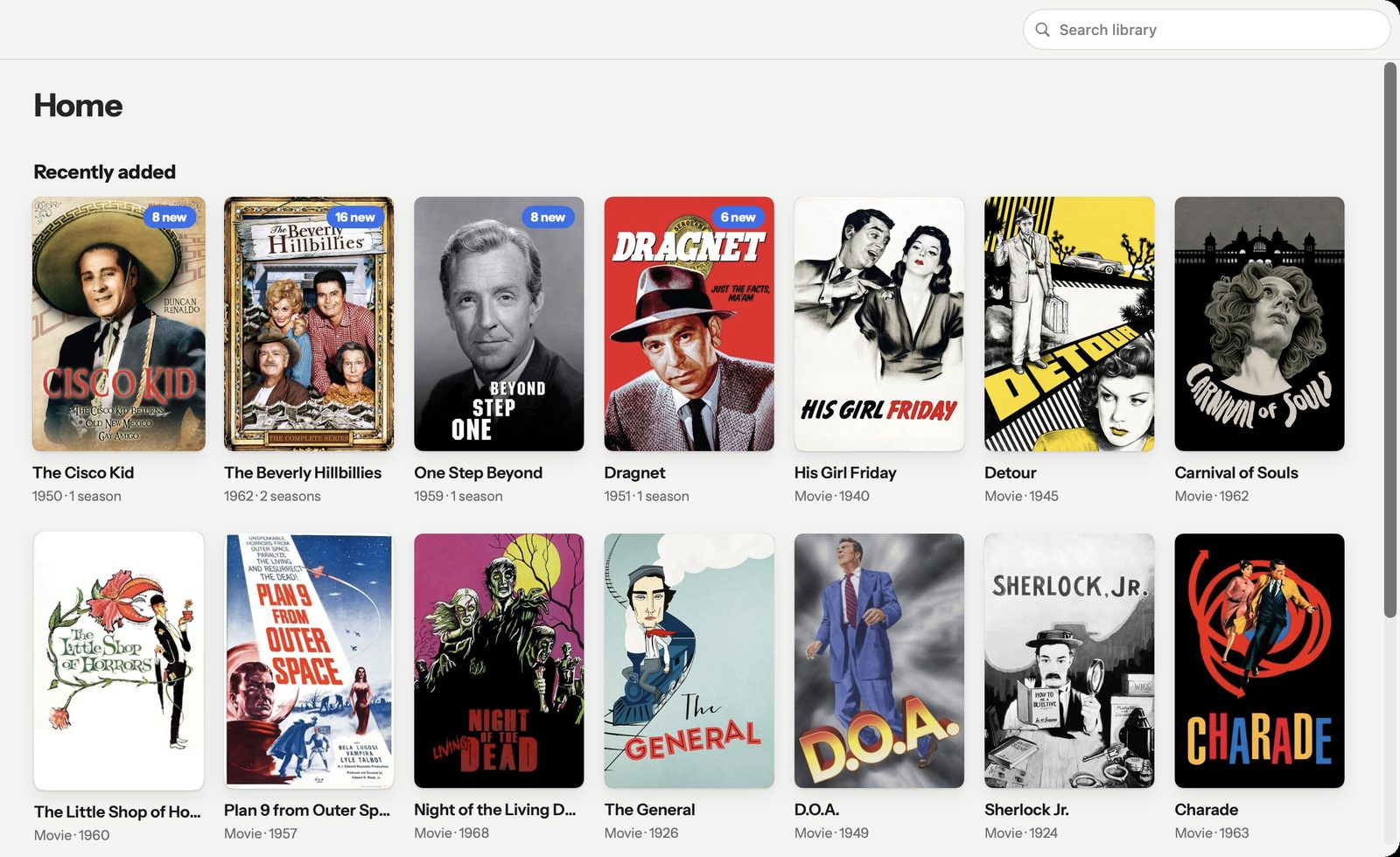 Potato on a Mac: a sidebar of TV shows and movies beside a grid of film posters, with “8 new” and “16 new” badges on shows.
